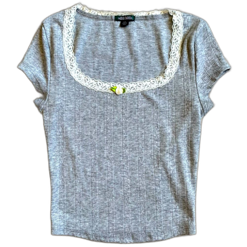 wild fable Gray Ribbed Scoop Neck Top with Lace Trim